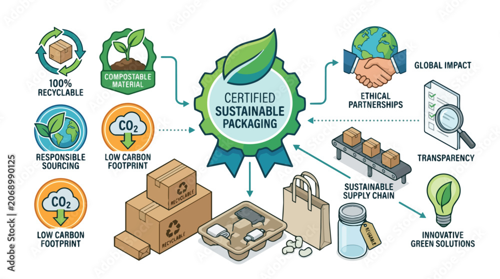 Fototapeta premium Infographic showing certified sustainable packaging practices and eco-friendly business solutions.