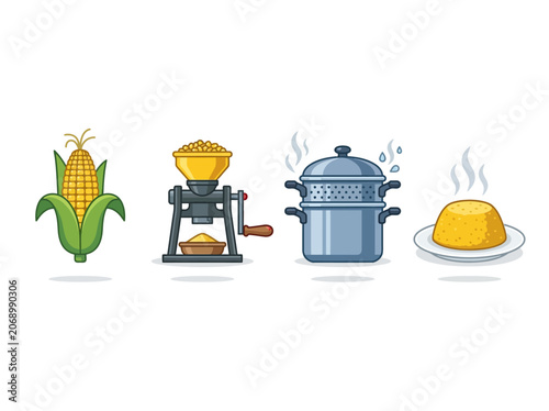 Cuadro en lienzo Cornmeal Processing Stages Illustration: From Raw Cob to Cooked Meal Vector