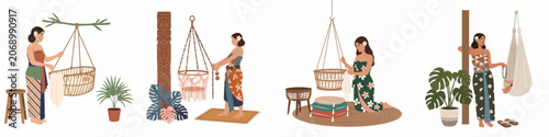 Obraz na płótnie Collection of flat illustrations showing Indonesian women in traditional sarongs caring for babies in hanging cradles, featuring tropical plants and boho-chic decor