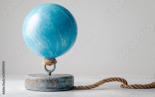 Blue spherical buoy with rope and concrete weight on plain background