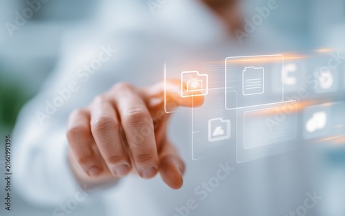 Modern Business Person Interacting With Transparent Digital Interface in Office