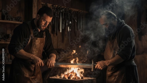 Blacksmiths forging metal with fire in a workshop, crafting a sword.
