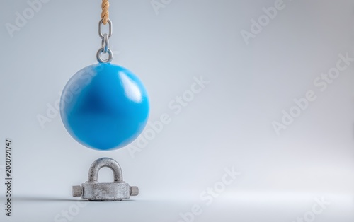 Blue Pendulum Ball Hanging Above Small Weights on White Background