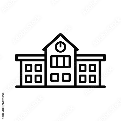 School building line art icon symbolizing education, learning, and knowledge at academic institutions, depicting a simple structure with a roof, windows, and a clock