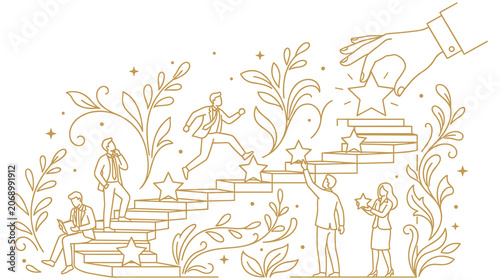 Foto Business team climbing a golden staircase toward career success and growth