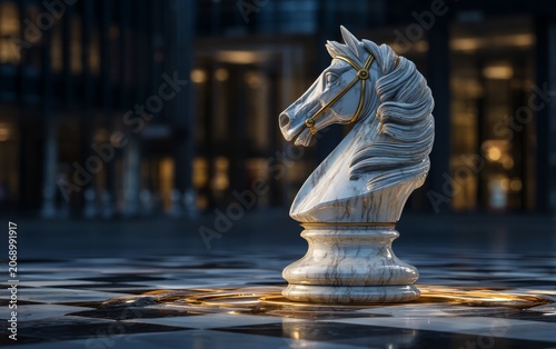 Elegant White Horse Chess Piece Fountain in Urban Water Setting