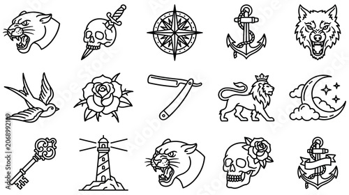 Fotografía Traditional tattoo flash set with old school line art design symbols
