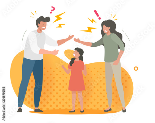 Family arguing conflict vector graphic illustration modern minimal, parents angry dispute with child concept, divorce problem, couple and kid shouting stress, unhappy dad and mother clip art
