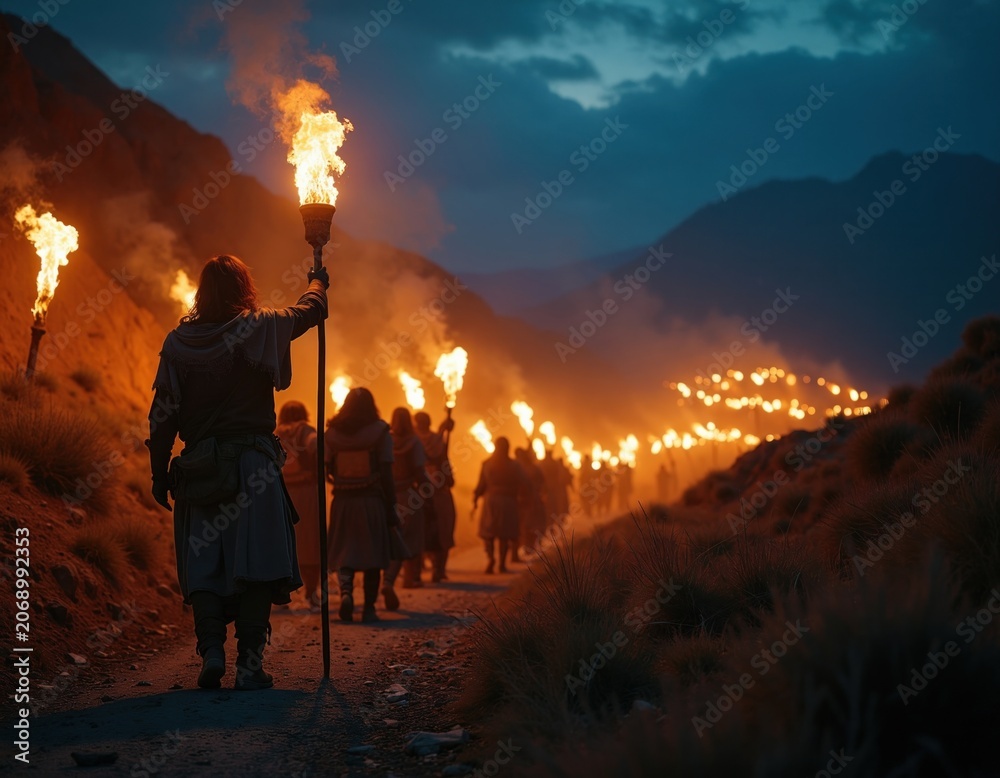 Obraz premium Group of ancient people walking through dark rocky terrain at night holding flaming torches. Leader with long hair carries tall torch high. Distant campfires glow on hill.