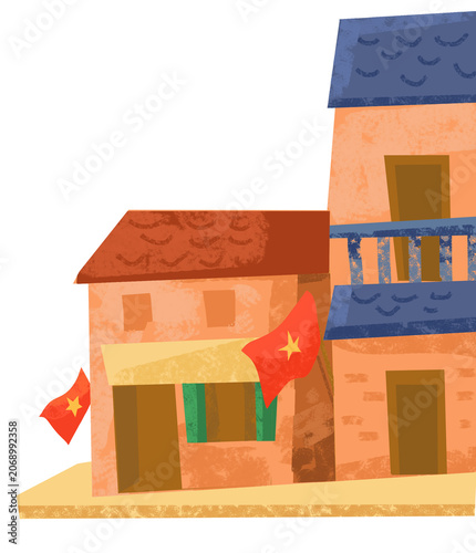 The image illustrates houses displaying the Vietnamese flag.