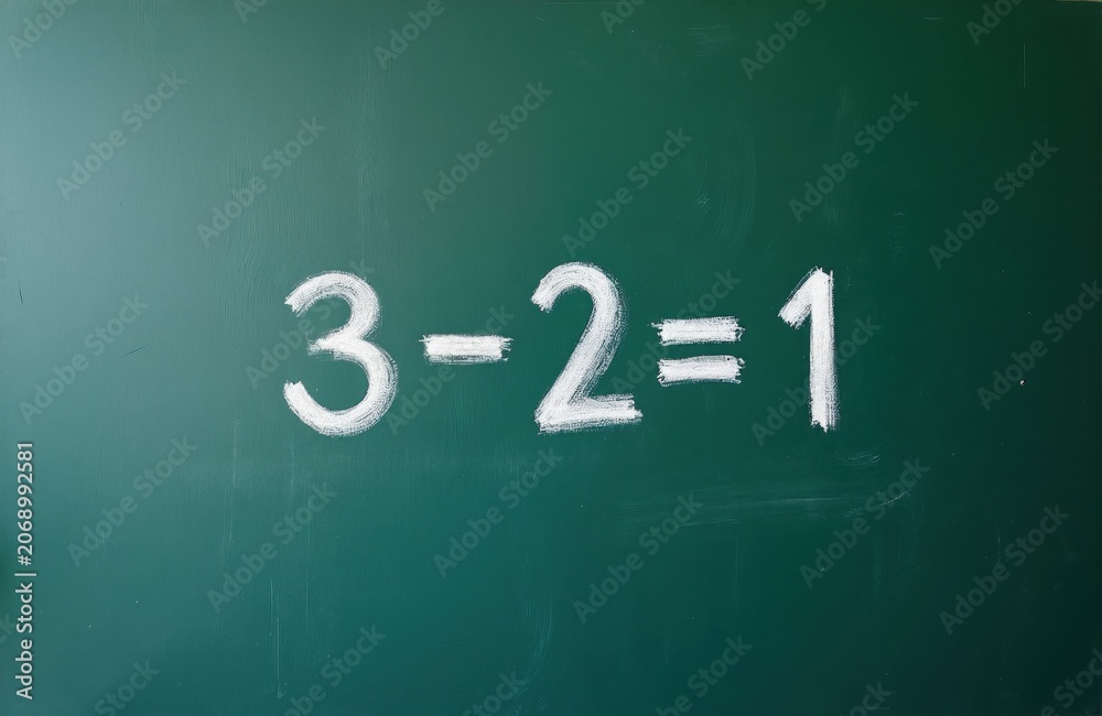 Naklejka premium Simple math problem 3 minus 2 equals 1 written with chalk on green school blackboard. Basic arithmetic calculation lesson for kids. Elementary math education concept.