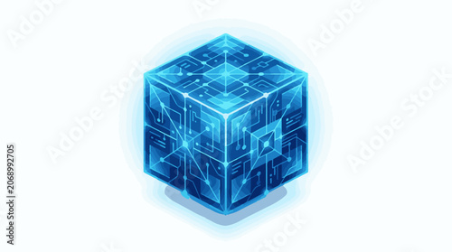 Glowing blue circuit cube with electronic patterns