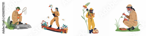 Foto Set of illustrations depicting entomologists and scientists in protective gear studying insects and nature in various outdoor environments