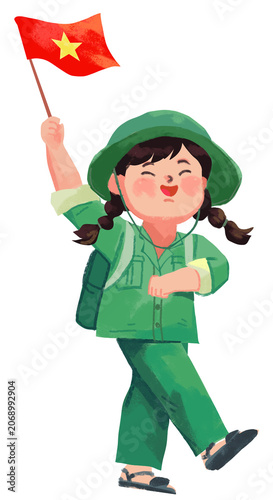 The illustration depicts a little girl in a Vietnamese soldier's uniform marching and holding up the Vietnamese flag.