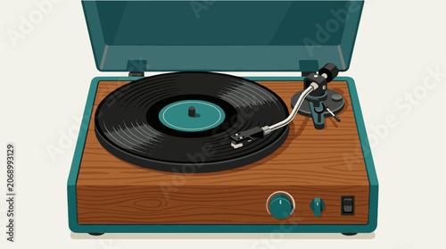 Vintage vinyl record player with wooden base and teal accents