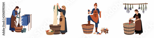 Tableau sur toile Set of flat illustrations of women artisan dyers performing traditional textile dyeing processes with natural pigments and vats