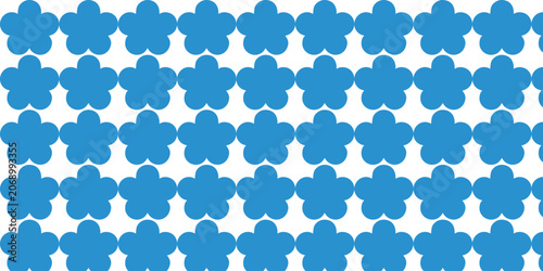 Abstract geometric seamless pattern with simple blue flower shapes on white background.