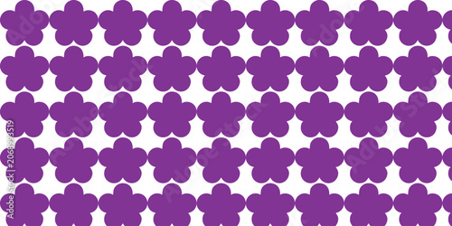 Abstract geometric seamless pattern with simple purple flower shapes on white background.