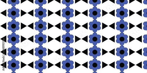 Abstract geometric seamless pattern with retro blue floral motifs and black triangles on white background.