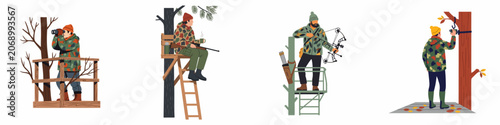Fotografie A collection of vector illustrations depicting hunters in camouflage gear using tree stands, rifles, bows, and trail cameras in the forest