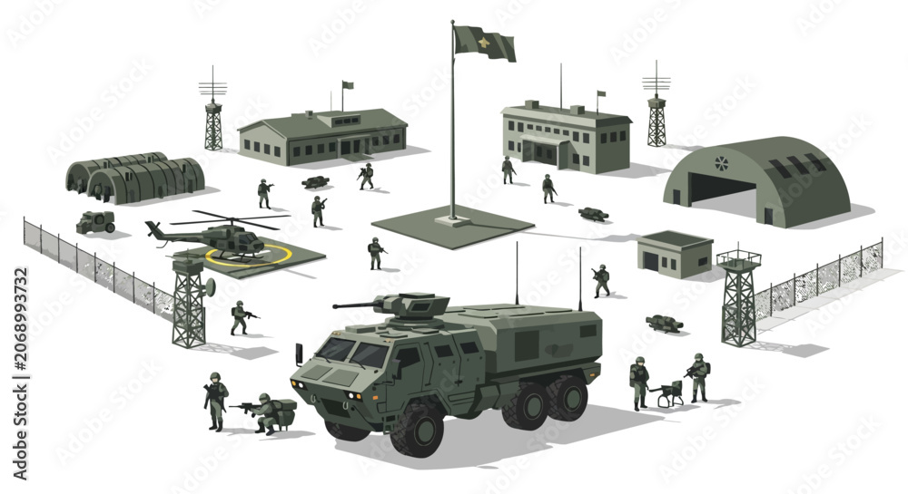 Fototapeta premium Military base illustration with vehicles, soldiers and buildings