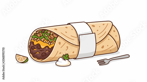 Tasty burrito with meat, cheese, and vegetables wrapped in tortilla