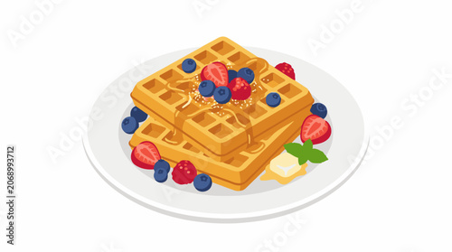 Waffles with strawberries and blueberries on a plate