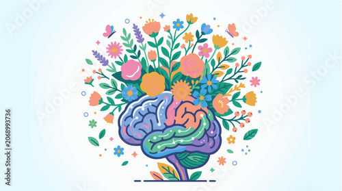 Brain with colorful flowers and leaves growing out of it, symbolizing growth and mental health