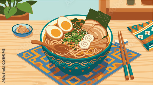 Delicious Ramen Noodle Soup with Egg and Chopsticks on Table