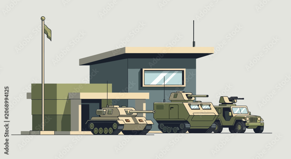Obraz premium Military base illustration with armored vehicles and flag