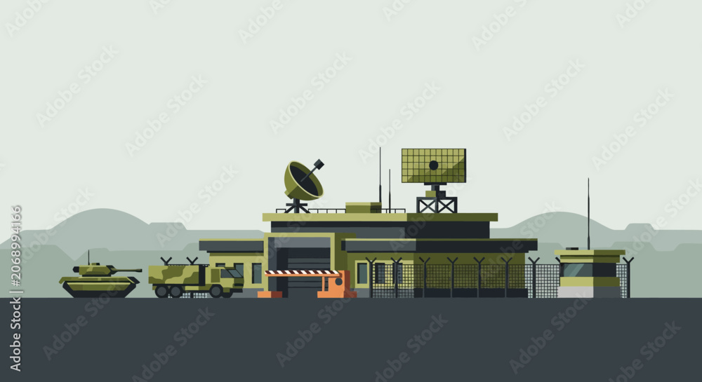 Fototapeta premium Military base illustration with radar, tank, and surveillance equipment.