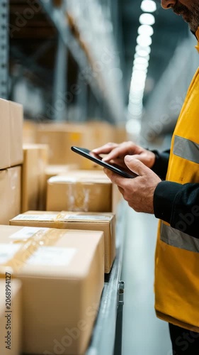 A logistics employee checks packages and updates inventory data on a tablet in a large warehouse. Efficient warehouse management and digital transformation in the supply chain industry are depicted
