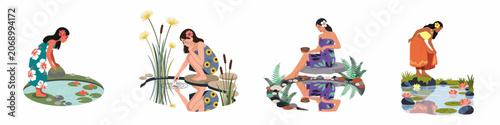 Photos Set of illustrations featuring Polynesian women in floral attire interacting with scenic ponds, water lilies, and reflections in a serene natural setting