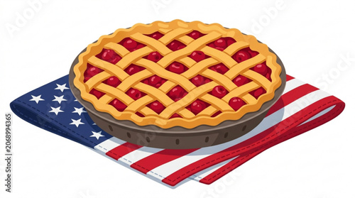 Tableau sur toile Fresh baked cherry pie with golden lattice crust resting on a patriotic flag pat