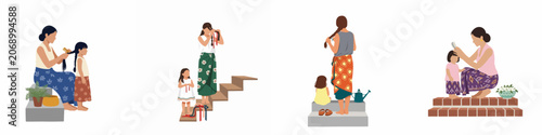 Tableau sur toile Flat illustrations of Southeast Asian mothers and daughters engaged in daily hair care routines such as braiding and combing hair together