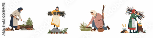 Fényképezés Set of illustrations depicting women in traditional peasant attire gathering wood and foraging in the forest, isolated on a white background