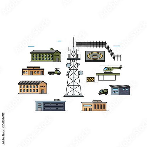Military base illustration, communication tower and army vehicles