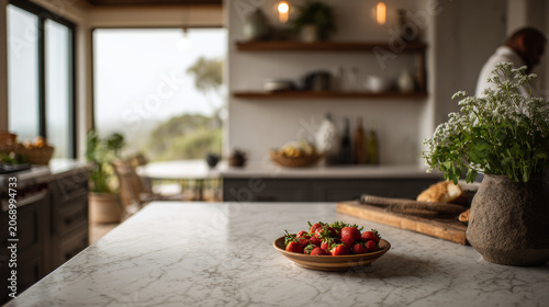 Fresh red strawberries in a small bowl on a marble kitchen island countertop with copy space