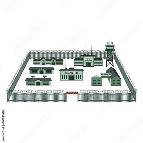 Military base illustration, security perimeter fence, operations center.