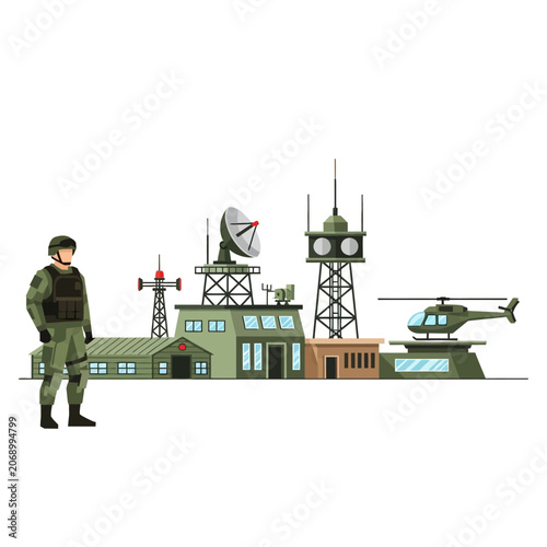 Military base operations center with soldier and helicopter, defense technology