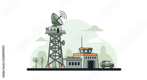Military Base Vector Illustration - Communication Tower with Radar and Tank