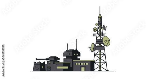 Military Base Vector Illustration: Communication Tower and Fort