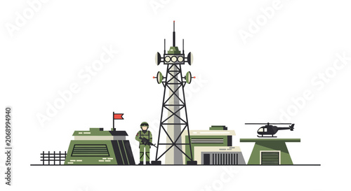 Military Base Vector Illustration with Tower, Soldier and Helicopter