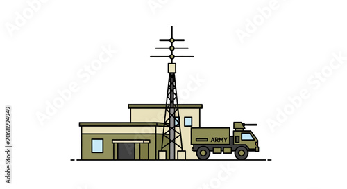 Military Base Vector Illustration: Communication Tower and Army Truck