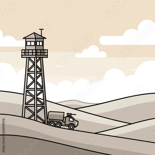 Military base watchtower and vehicle in desert landscape