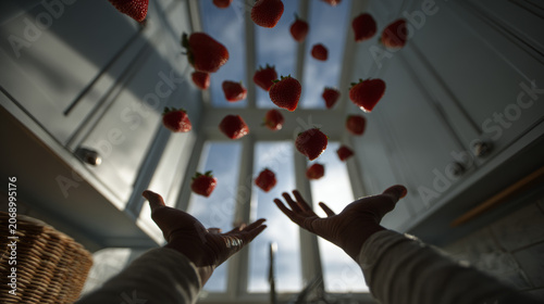 Two hands reaching up to catch falling fresh strawberries in a bright domestic kitchen with a window view.