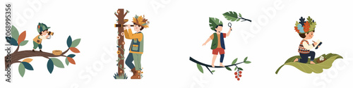 Konstfotografi Set of illustrations featuring young boys exploring nature, bird watching, and observing wildlife with tools like binoculars and magnifying glasses