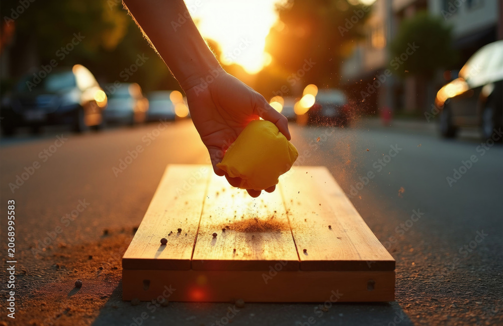 Obraz premium Hand tosses yellow bean bag onto wooden board. Dust particles scatter in warm sunlit street at golden hour. Outdoor game of cornhole action.