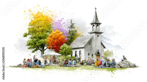 Small church outdoor gathering autumn trees people sitting live music colorful leaves community event peaceful scene nature watercolor style