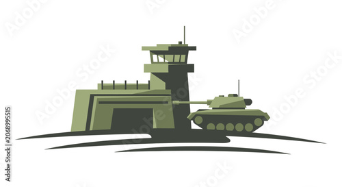 Military Base with Armored Tank and Watchtower Illustration